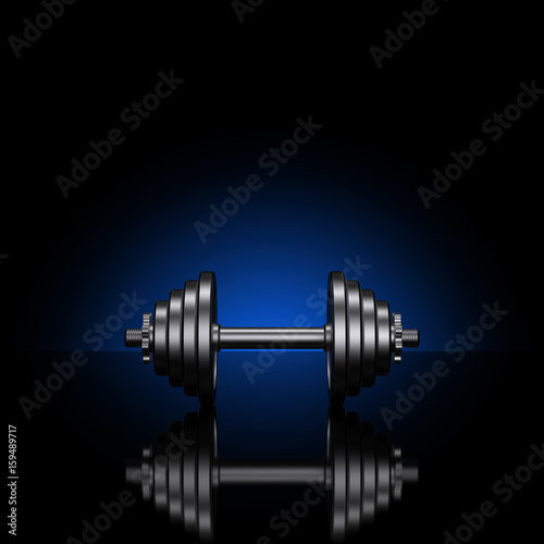 Dumbbells on a black reflective surface. Professional studio lighting with blue background. Heavy metal dumbbells. Cast iron discs and handle. Square proportions. 3D illustration.