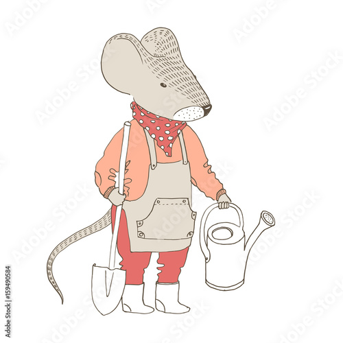 Vector illustratoin. Cute animal like humans. Humanized animal. Mouse gardener with a shovel and watering can