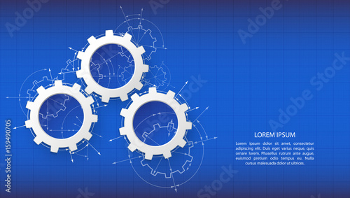 Gears in engagement. Engineering drawing abstract industrial background with a cogwheels.