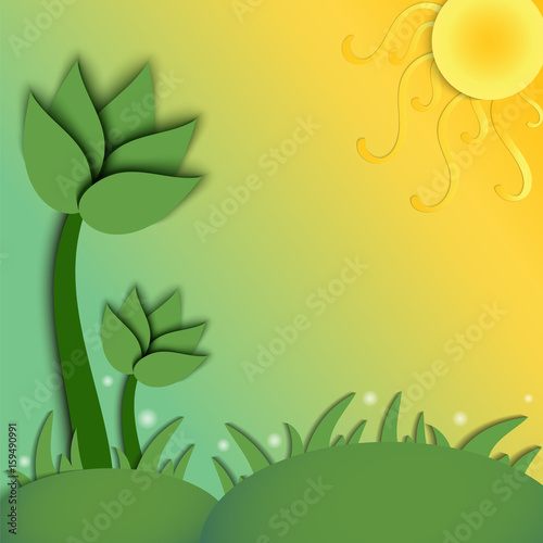 Card summer field with a deciduous green tree and rays of the yellow sun