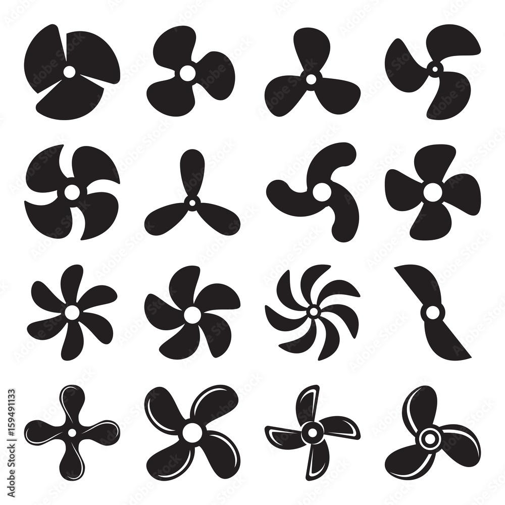 Propeller screw icons. Collection of 16 black pictograms isolated on a white background. Vector illustration - obrazy, fototapety, plakaty 