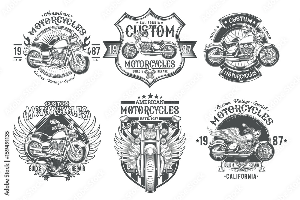 Obraz premium Ustawić wektor czarne odznaki vintage, emblematy z motocykla niestandardowego. Druk, szablon, element projektu reklamowego dla klubu motoryzacyjnego, warsztatu motocyklowego