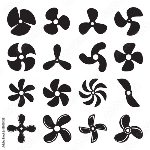 Propeller screw icons. Collection of 16 black pictograms isolated on a white background. Vector illustration photo