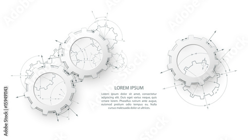Gears in engagement. Engineering drawing abstract industrial background with a cogwheels.