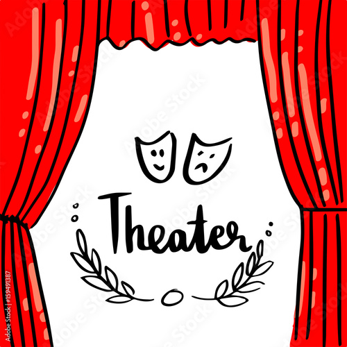 Vector illustration. Red Theatrical curtain with text and mask.