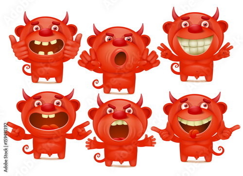 Red devil cartoon characters in different emotions emoji set