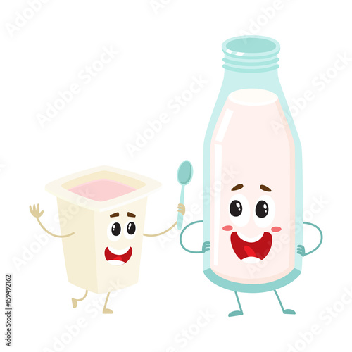 Funny happy milk bottle and yogurt cup characters with smiling human faces, cartoon vector illustration isolated on white background. Cute, funny milk bottle and yogurt cup characters, dairy mascots