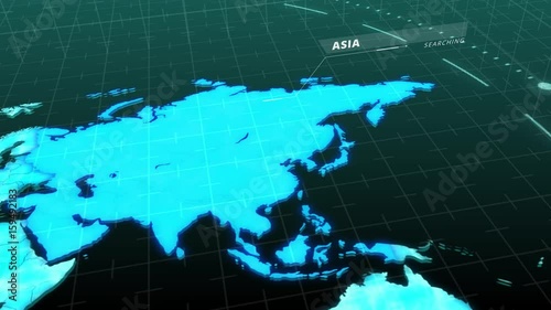 Seamless animation world map continents of America Asia Europe Africa Australia in  computer hologram. Scanning world map continent in business internet network or satellite technology concept loop