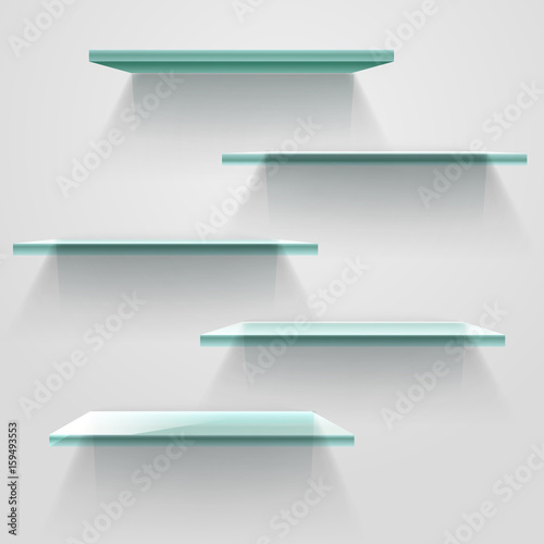Glass empty shelves on white wall. Vector mockup