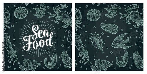 Sea food lettering and seamless pattern shell, crab, shrimp, fish.