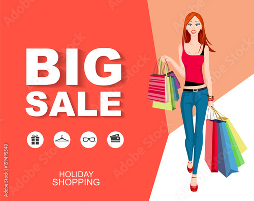 Flat style poster Big sale with icons. Shopping wonan model.