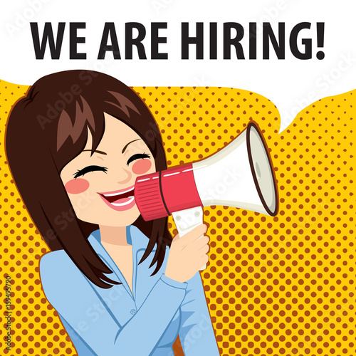 Beautiful young woman with megaphone and comic balloon with we are hiring text