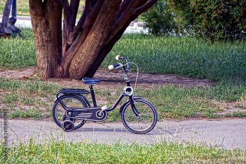 Маленький чёрный велосипед на тротуаре в парке