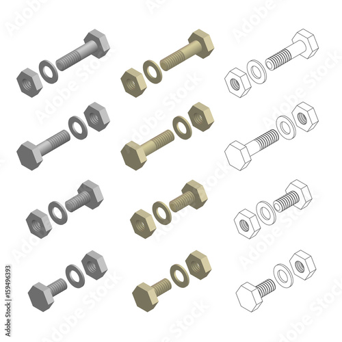 Nuts Bolts Washers Hardware Isometric Set Vector Illustration