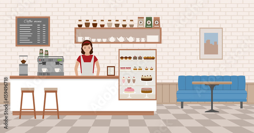 Coffee shop interior. Young woman standing behind bar counter. Flat design vector illustration.