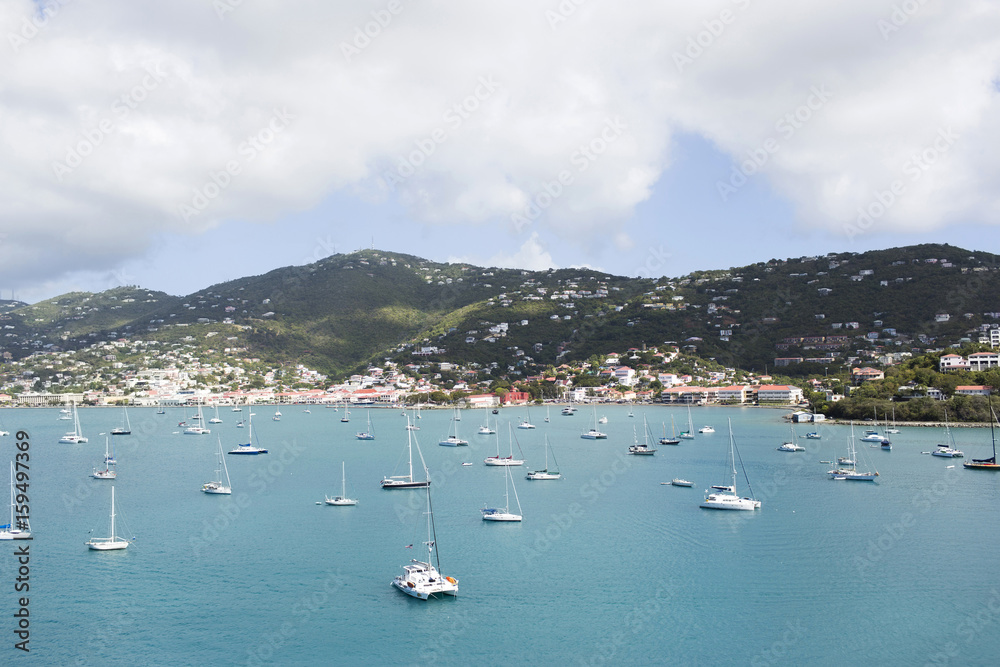 USA, Virgin Islands, Saint Thomas, Bay of water full of yachts