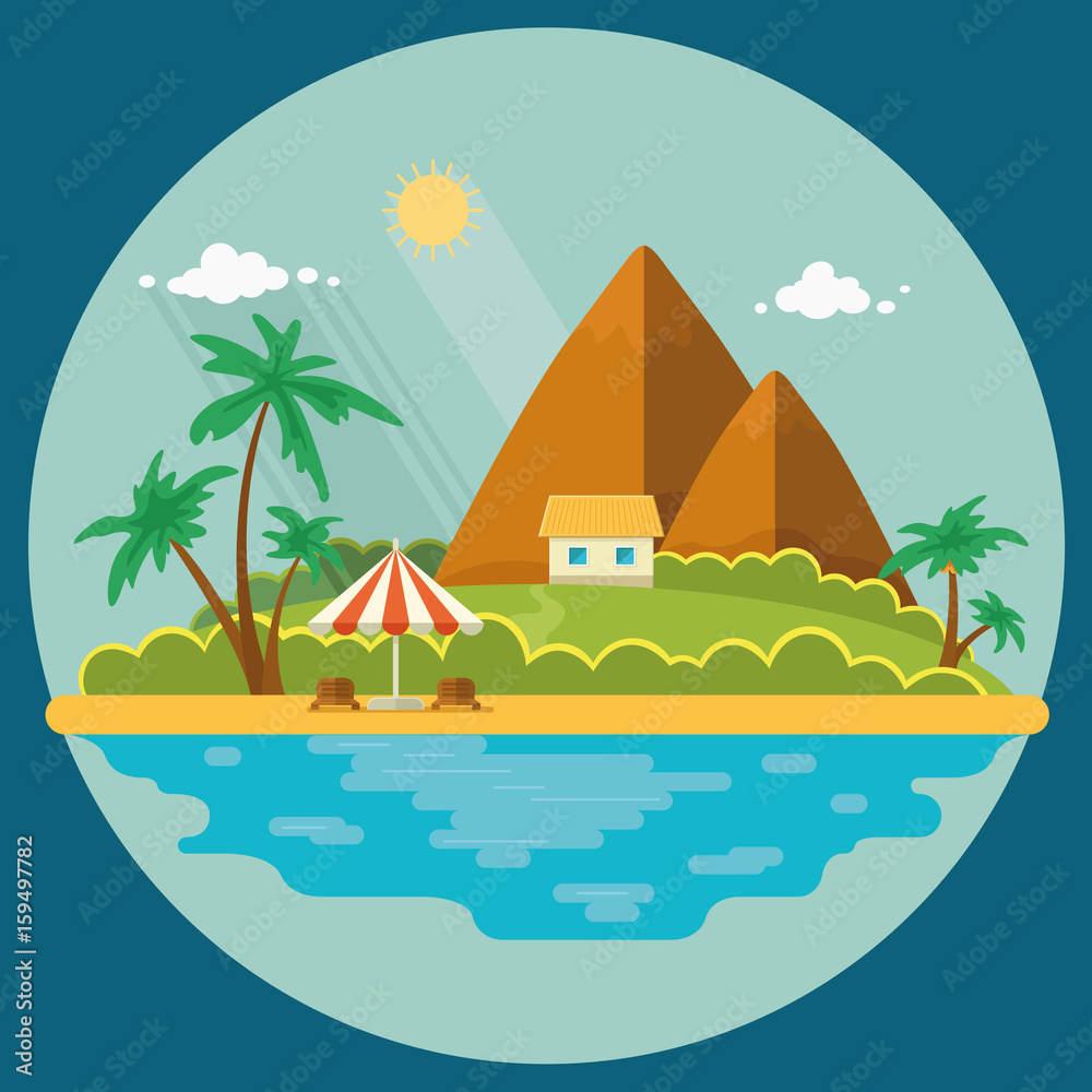 Summer paradise ocean landscape. A beautiful island with huts in the sea. House on the beach. Vacation with a holiday in the tropics. Flat icons vector illustration