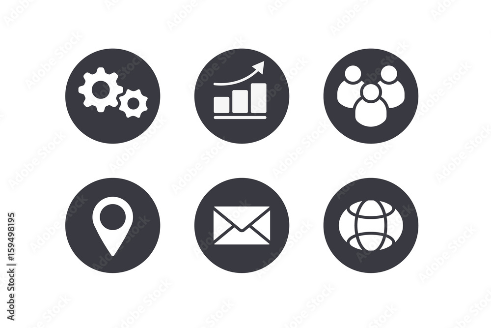 Cogs, bar chart with arrow, group of people silhouette, navigator mark, letter and internet globe. Cogs, bar chart with arrow, group of people silhouette, navigator mark, letter and internet globe.