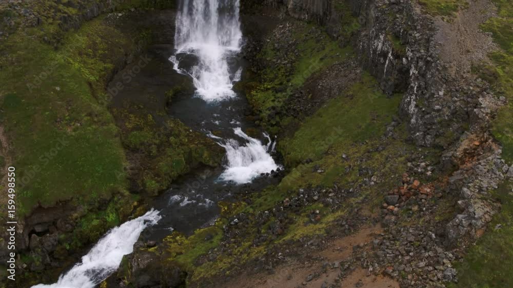 Wide high angle panning shot of waterfall and river. Iceland Wide high angle panning shot of waterfall and river. Iceland