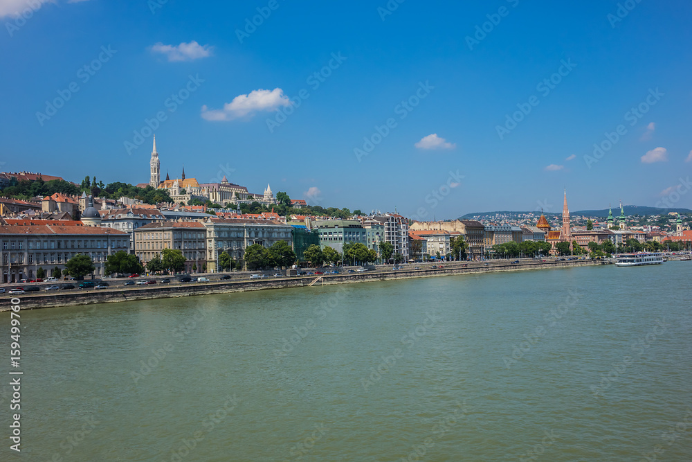 Beautiful Panoramic view of Buda side in Budapest city from Chain Bridge. Hungary.