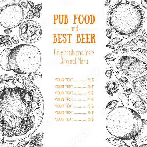 Pub food menu vector illustration. Beer, smoked pork shank, roast beef hand drawn. Food set for pub design top view. Vintage engraved illustration for beer restaurant