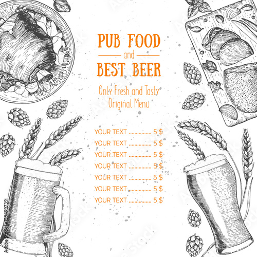 Pub food menu vector illustration. Beer, smoked pork shank, roast beef hand drawn. Food set for pub design top view. Vintage engraved illustration for beer restaurant