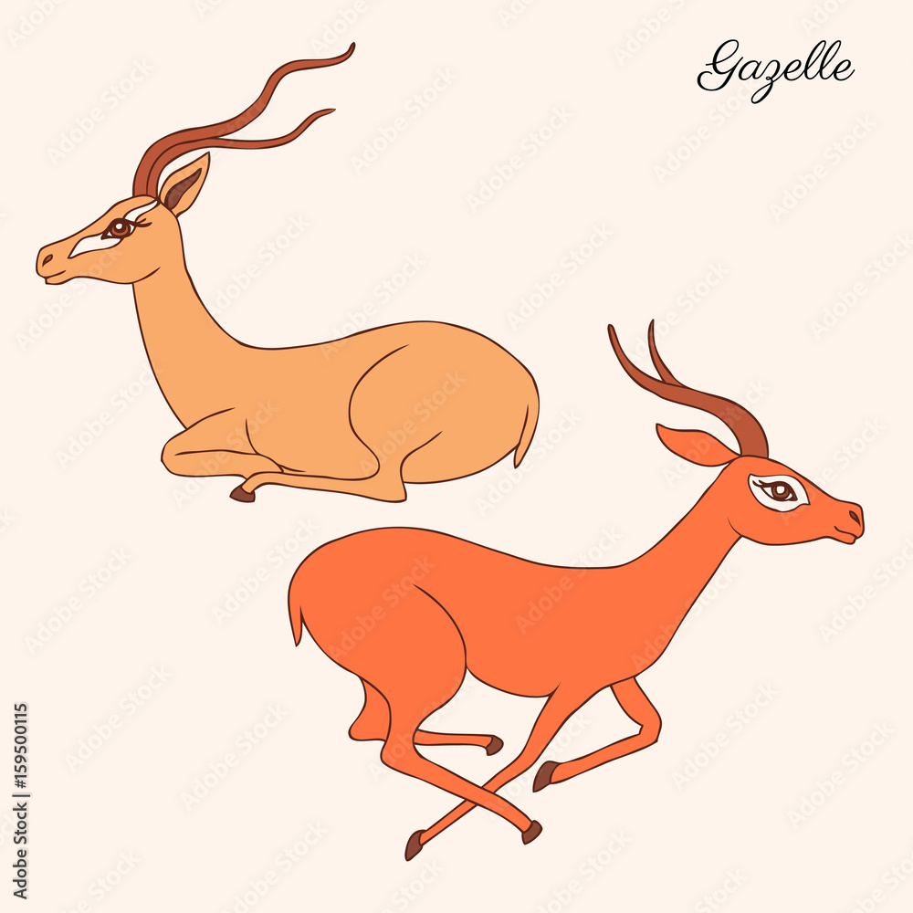 Decorative Gazelle graphic hand drawn vector cartoon doodle animal  illustration, running and sitting colorful African safari antelope with  curved horns isolated on white background, for design cards Stock Vector |  Adobe Stock