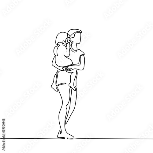 Continuous line drawing vector illustration. Mother with small daughter in her arms