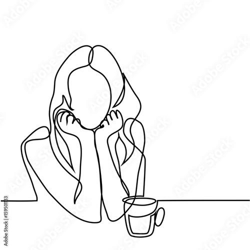 Continuous line drawing. Abstract portrait of a woman with cup of tea. Vector illustration.