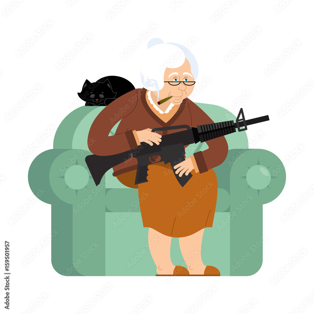 Grandmother with gun. old woman in an armchair with tommy gun and cat. grandma with rifle. Protection of pensioners