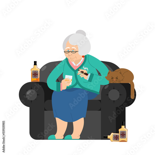 Grandmother drinks alcohol and Smoke cigar. old woman in an armchair with bottle Whiskey. grandma and cat. Brandy and Tequila Glass