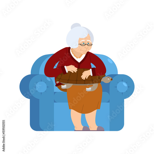 Grandmother and Turtle pet sitting on chair. grandma and tortoise. old woman and animal amphibian. gammer and Beast