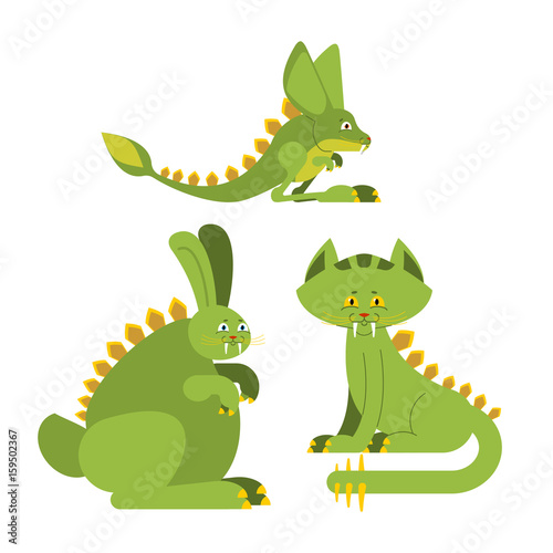 Prehistoric rabbit dinosaur. Dino cat. Raptor jerboa monster. Jurassic Animals Set