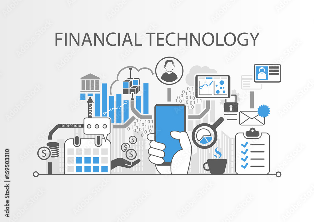 Financial Technology / Fin-Tech concept vector background with hand holding smartphone