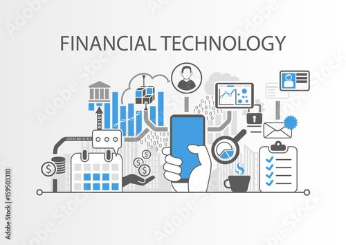 Financial Technology / Fin-Tech concept vector background with hand holding smartphone