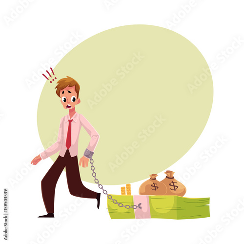 Young man with hand chained to bundle of banknotes, money dependence concept, cartoon vector illustration with space for text. Man with hand chained to bundle of money, financial dependence