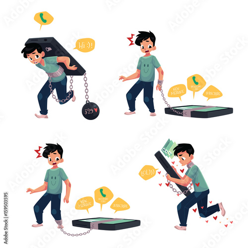 Teenage boy chained to, carrying, using smartphone, phone dependence concept, cartoon vector illustration isolated on white background. Boy chained to phone, dependence on likes, chatting, messages