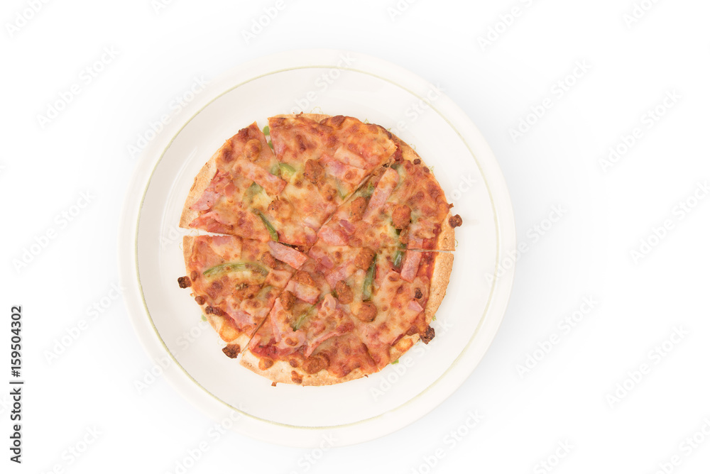 Delicious pizza inside dish isolated Delicious pizza inside dish isolated