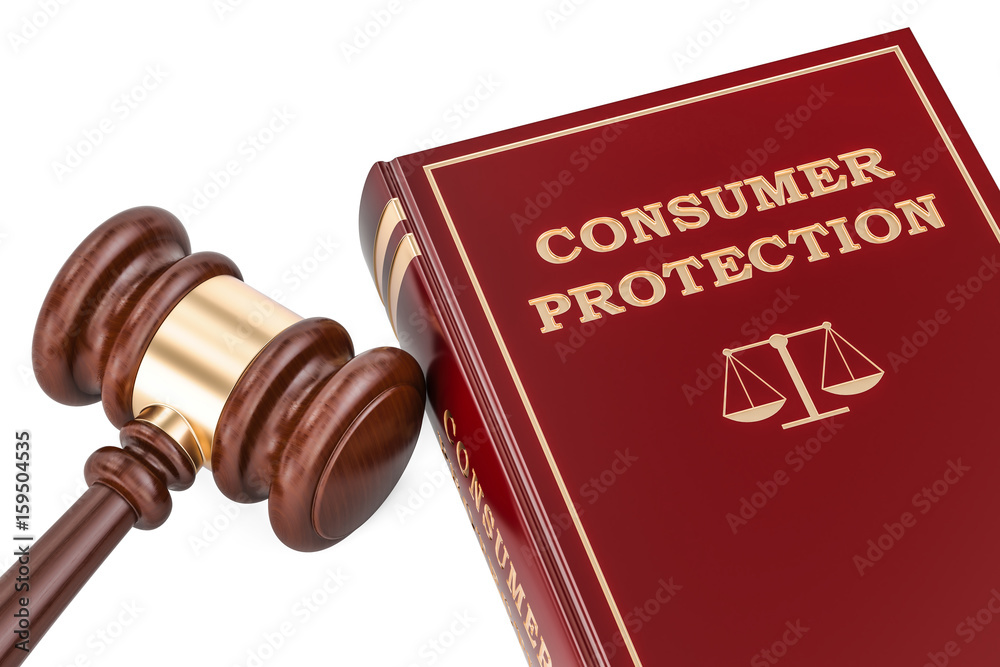 Consumer protection concept with gavel and book, 3D rendering