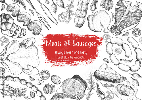 Meats and sausages top view frame. Vector illustration. Engraved design. Hand drawn illustration. Meat products design template.