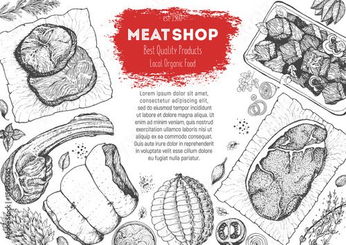 Meats and sausages top view frame. Vector illustration. Engraved design. Hand drawn illustration. Meat products design template.