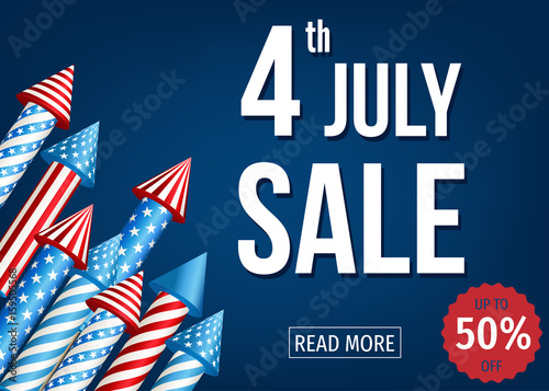4th of  July  sale banner  with  firework  rockets.