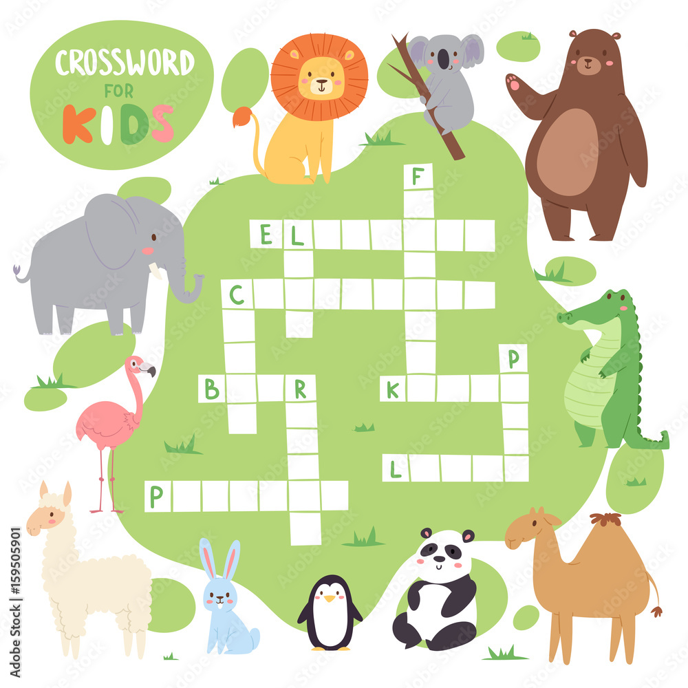 Kids magazine book puzzle game of forest animals logical crossword words  worksheet colorful printable vector Illustration. Stock Vector | Adobe Stock