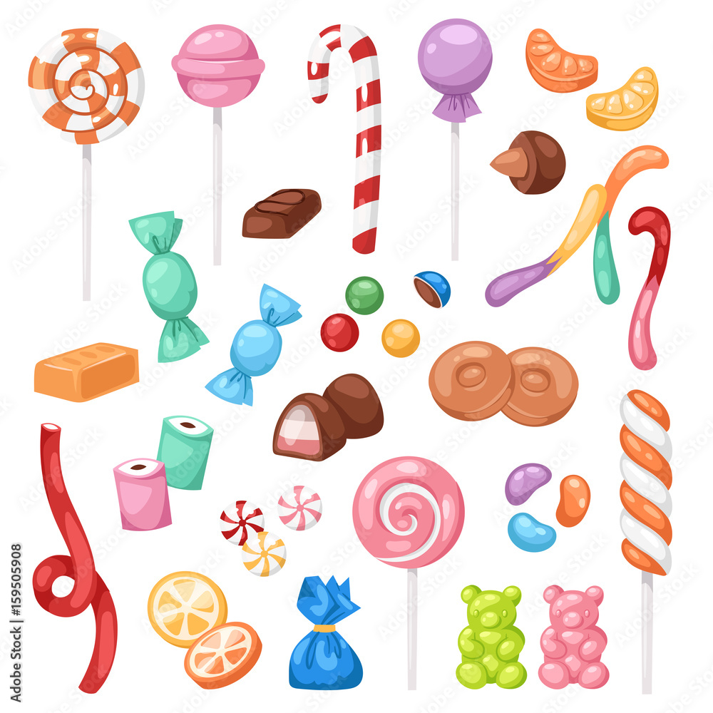 Cartoon sweet bonbon sweetmeats candy kids food sweets mega collection  isolated on white background Stock Vector | Adobe Stock