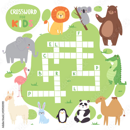 Kids magazine book puzzle game of forest animals logical crossword words worksheet colorful printable vector Illustration.
