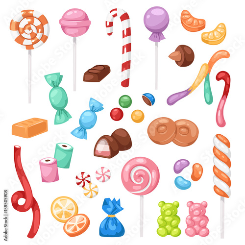 Cartoon sweet bonbon sweetmeats candy kids food sweets mega collection isolated on white background