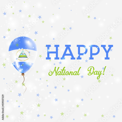 Nicaragua National Day patriotic poster. Flying Rubber Balloon in Colors of the Nicaraguan Flag. Nicaragua National Day background with Balloon, Confetti, Stars, Bokeh and Sparkles.