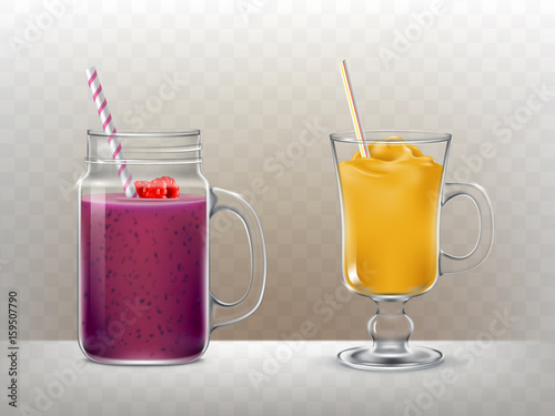 Set of vector illustrations of glasses, cups with smoothies in a realistic style