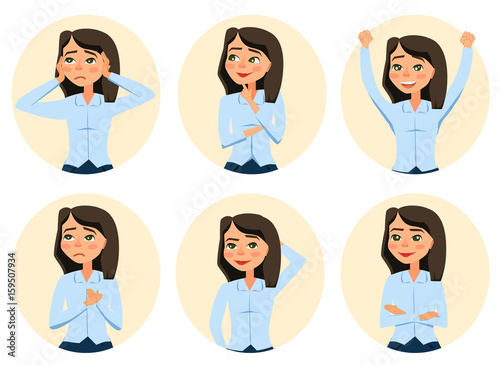 Young women in elegant office clothes. Set, worry, happy, thinking, smile