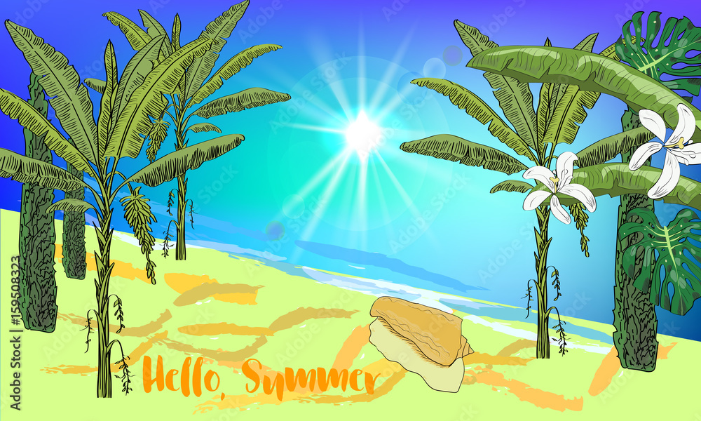 Hand drawn sea scape background with tropical palms, cypress, leaves, flowers, seashell and sun. Hello, summer.